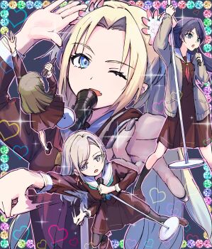 Rule 34 | 4girls, :o, ;d, absurdres, aqua neckerchief, blonde hair, blue eyes, blue hair, brown cardigan, brown dress, brown hair, cardigan, ceras yanagida lilienfeld, commentary request, dress, fang, flower, gradient hair, grey hair, hair flower, hair ornament, hair ribbon, half updo, hasu no sora school uniform, highres, holding, holding microphone, holding microphone stand, kachimachi kosuzu, lao ren xing, link! like! love live!, long sleeves, love live!, microphone, microphone stand, multicolored hair, multiple girls, murano sayaka, neckerchief, one eye closed, open cardigan, open clothes, open mouth, osawa rurino, pink flower, pink ribbon, red neckerchief, ribbon, ruri&amp;to (love live!), sailor collar, sailor dress, school uniform, smile, twintails, virtual youtuber, white sailor collar, winter uniform