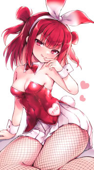 1girl absurdres beatmania_iidx bemani blush bow bowtie breasts cleavage commentary_request fake_tail fishnet_pantyhose fishnets hairband heart highres licking_lips long_hair looking_at_viewer mashimashiyasai pantyhose pink_eyes playboy_bunny pleated_skirt rabbit_tail red_bow red_bowtie red_hair red_shirt shirt simple_background sitting skirt sleeveless sleeveless_shirt small_breasts tail thighs tongue tongue_out two_side_up umegiri_ameto white_background white_skirt wide_hips wrist_cuffs