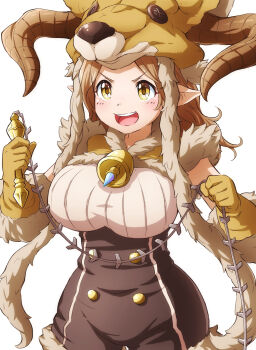 Rule 34 | 1girl, :d, animal hat, bad id, bad pixiv id, bell, breasts, brown eyes, brown gloves, brown hair, cowboy shot, daetta (granblue fantasy), draph, elbow gloves, female focus, fur trim, gloves, granblue fantasy, hat, highres, holding, horns, jingle bell, large breasts, long hair, open mouth, pointy ears, simple background, smile, solo, tayuura (kuwo), underbust, v-shaped eyebrows, white background