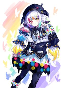Rule 34 | 1girl, :t, absurdres, beret, black jacket, black pantyhose, black skirt, bow, bug, butterfly, closed mouth, commentary, feet out of frame, hat, heterochromia, higasa (hikasaaawa), highres, insect, jacket, jogasaki noah, long hair, long sleeves, looking at viewer, mahou shoujo no majo saiban, multi-tied hair, multicolored hair, neck ribbon, paintbrush, pantyhose, pink eyes, polka dot, polka dot bow, pout, ribbon, skirt, solo, streaked hair, symbol-only commentary, white hair, yellow eyes