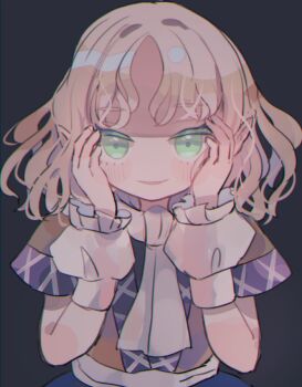 1girl arm_warmers blonde_hair blush brown_shirt commentary_request green_eyes grey_background hands_on_own_cheeks hands_on_own_face hiyuu_(hiyualice) looking_at_viewer mizuhashi_parsee open_mouth pointy_ears scarf shirt short_hair short_sleeves simple_background smile solo touhou upper_body wavy_hair white_scarf