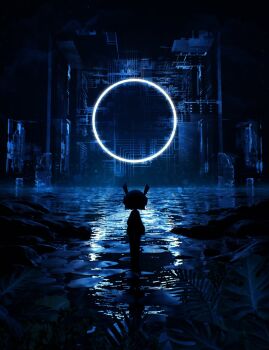 1girl 3d blender_(medium) blue_theme circle circuit_board cloud from_behind glowing headphones highres leaf light_particles light_rays night night_sky on_water original reflection reflective_liquid rock scenery short_hair silhouette sira0xff sky solo standing standing_on_liquid star_(sky) starry_sky water