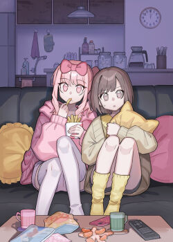 1girl 1other :t akiyama_mizuki analog_clock animal-shaped_pillow arms_across_body bow brown_cardigan brown_eyes brown_hair cardigan ceiling_light cellphone chips_(food) clock cloth coffee_pot commentary_request controller couch cup cushion d: eating elbow_rest faucet food french_fries fruit holding holding_food hood hood_down hoodie hugging_object indoors jacket knee_up kneehighs knees_up long_hair long_sleeves mandarin_orange mug nervous no_shoes on_couch open_mouth orange_peel oven_mitts pajamas paper phone pillow pillow_hug pink_bow pink_eyes pink_hair pink_hoodie pink_ribbon pink_shorts pocket potato_chips project_sekai qi'e_(penguin) remote_control ribbon screen_light shinonome_ena short_hair shorts side-by-side sidelocks sitting sleepwear small_sweatdrop smartphone soap_bottle socks soshite_ima_ribbon_wo_musunde_(project_sekai) sugar_bowl sugar_cube swept_bangs table thighhighs utensil utensil_rack wall_clock white_socks yellow_jacket yellow_socks