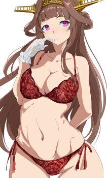 1girl arm_behind_back bra breasts brown_hair closed_mouth commentary_request gloves highres kantai_collection kongou_(kancolle) lace lace-trimmed_bra lace-trimmed_panties lace_trim large_breasts long_hair looking_to_the_side moroheiya_(moroheiya-works) navel panties purple_eyes solo stomach underwear underwear_only very_long_hair white_gloves