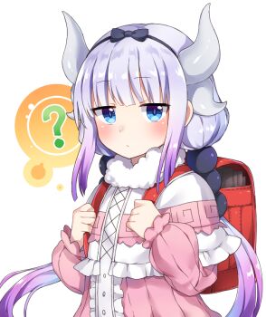 1girl ? backpack bag beads black_hairband blue_eyes blush bow_hairband bright_pupils capelet center_frills closed_mouth commentary_request cross-laced_clothes dragon_girl dragon_horns frilled_capelet frilled_sleeves frills gradient_hair hair_beads hair_ornament hairband hands_up horns jitome kanna_kamui kaoling kobayashi-san_chi_no_maidragon long_hair long_sleeves looking_at_viewer low_twintails multicolored_hair puffy_long_sleeves puffy_sleeves purple_hair red_bag simple_background slit_pupils solo sphere_hair_ornament twintails upper_body white_background white_capelet white_horns