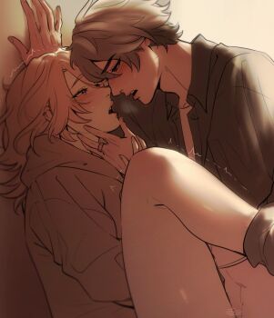 2boys ^^^ abs alhaitham_(genshin_impact) black_shirt blonde_hair blush collared_shirt commentary english_commentary eye_contact genshin_impact grey_hair grey_hoodie highres hood hood_down hoodie implied_penetration kaveh_(genshin_impact) leg_up looking_at_another male_focus motion_lines multiple_boys open_clothes open_mouth open_shirt parted_hair profile shirt short_hair teeth trembling upper_teeth_only wiistef wing_collar yaoi