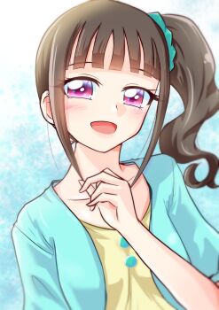 1girl :d absurdres aqua_background aqua_jacket aqua_scrunchie blunt_bangs blurry brown_hair buta_obutu buttons collarbone commentary curled_fingers depth_of_field gradient_background hair_ornament hair_scrunchie hand_up highres jacket looking_at_viewer medium_hair nekoyashiki_mayu open_clothes open_jacket open_mouth ponytail precure purple_eyes scrunchie shirt short_sleeves side_ponytail skirt smile solo two-tone_background upper_body white_background wonderful_precure! yellow_shirt