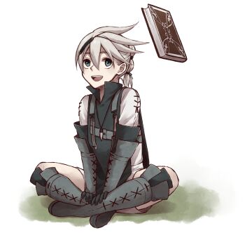 1boy :d black_gloves blue_eyes boots folded_ponytail full_body gauntlets gloves grey_boots grey_hair grimoire_weiss hair_between_eyes highres indian_style jewelry male_focus necklace nier nier_(brother) nier_(brother)_(pre_timeskip) nier_(series) on_grass open_mouth shirt short_hair shorts sitting smile solo tamakingx422x teeth upper_teeth_only white_background white_shirt white_shorts
