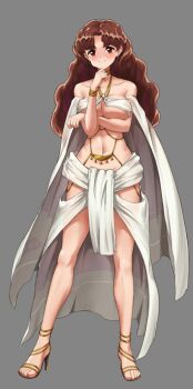 1girl bangle blush bracelet breasts brown_eyes brown_hair commentary_request covered_erect_nipples highres jewelry jjilbabmaen large_breasts long_hair looking_at_viewer navel nipples o-ring o-ring_top olive_oyl_(princess_maker_2) princess_maker_(series) princess_maker_2 revealing_clothes smile solo