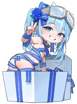 1girl arahashi_tabi bell blue_eyes blue_hair blue_ribbon box breasts chibi commentary_request flower gift goggles goggles_on_head grin hair_ornament korean_commentary loli looking_at_viewer naked_ribbon neck_bell ribbon sangobob smile solo stellive v