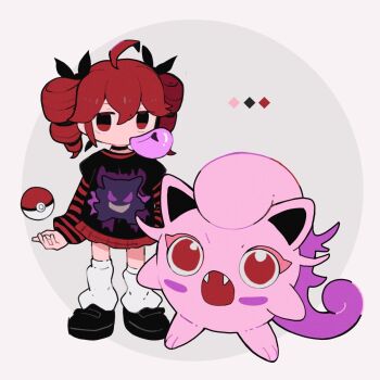 1girl ahoge alternate_color black_shirt black_shoes chewing_gum commentary deformed drill_hair full_body gen_1_pokemon gengar highres jigglypuff kasane_teto layered_sleeves long_sleeves loose_socks miniskirt nintendo poke_ball poke_ball_(basic) pokemon pokemon_(creature) print_shirt red_eyes red_hair red_shirt red_skirt s1ho_(ukiy0u0) shiny_pokemon shirt shoes short_over_long_sleeves short_sleeves skirt socks standing striped_clothes striped_shirt symbol-only_commentary twin_drills utau white_socks