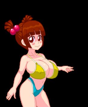 1girl :3 air-strip_angel animated armpits arms_behind_head ass ass_shake back bare_shoulders bikini blair_(air-strip_angel) blinking blunt_bangs blush_stickers bouncing_breasts breast_lift breasts closed_mouth clothes_lift collarbone covered_erect_nipples covering_breasts covering_privates female_focus freckles from_behind grin hair_bobbles hair_ornament highleg highleg_bikini huge_breasts jumping lifting_own_clothes looking_at_viewer nipples oppai_loli pixel_art red_eyes red_hair shiny_skin shirt_lift short_hair short_twintails smile solo sprite standing string_bikini swimsuit tim-buktu transparent_background twintails undressing yellow_bikini