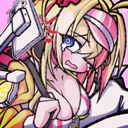 1girl aludoru animated bag between_breasts blonde_hair blue_eyes blush breasts cellphone cleavage game goddess_of_victory:_nikke highres jacket large_breasts liveryn_(nikke) long_hair multicolored_hair multicolored_jacket phone pink_hair smartphone solo sports_bra streaked_hair tagme tearing_up two-tone_jacket video visor_cap white_jacket yellow_jacket