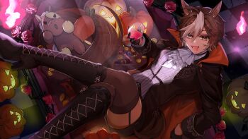 1girl absurdres alternate_costume animal_ears black_boots black_coat black_gloves boots brown_eyes brown_fur brown_hair brown_thighhighs coat commentary commission crossed_legs cup demon_horns drinking_glass english_commentary fangs fire garter_straps gloves halloween halloween_costume high_collar highres holding holding_cup horns horse_ears horse_tail kanono knee_boots long_sleeves looking_at_viewer multicolored_hair open_mouth pumpkin second-party_source shirt short_hair skeb_commission smile solo stuffed_animal stuffed_toy tail thighhighs tomoe_umari v-dere virtual_youtuber white_hair white_shirt will-o&#039;-the-wisp_(mythology)