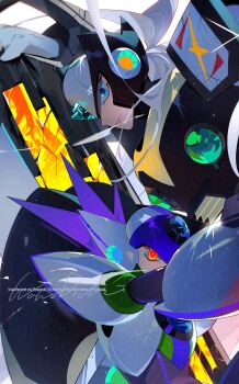 Rule 34 | 2boys, armor, axl (mega man), black armor, black helmet, black zero (mega man), blue eyes, chest jewel, commentary, english commentary, forehead jewel, glowing, glowing eyes, grey hair, helmet, highres, long hair, male focus, mega man (series), mega man x8, mega man x (series), multiple boys, purple hair, red eyes, spiked hair, wawadochi, white armor, white axl (mega man), white helmet, zero (mega man)