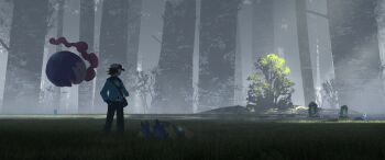 1boy absurdres asteroid_ill bag baseball_cap black_pants blue_jacket brown_hair closed_mouth commentary_request galvantula gen_3_pokemon gen_4_pokemon gen_5_pokemon grass hand_in_pocket hand_up hat highres hilbert_(pokemon) huge_filesize jacket long_sleeves looking_to_the_side musharna nintendo palpitoad pants pokemon pokemon_(creature) pokemon_bw shellos shellos_(east) shoulder_bag smile standing tree whiscash yellow_eyes zipper_pull_tab