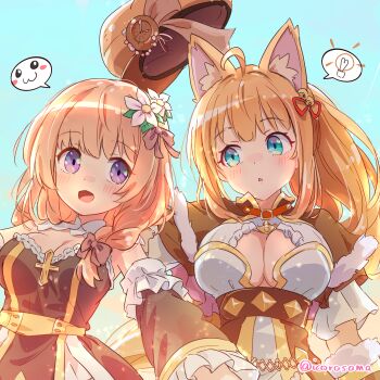 2girls absurdres adapted_costume ahoge animal_ear_fluff animal_ears arch_bishop_(ragnarok_online) arch_mage_(ragnarok_online) bell black_dress black_sleeves blue_background blue_eyes bow breasts brown_bow brown_capelet brown_hat capelet cleavage commentary_request commission cross detached_sleeves dress flower fox_ears fox_girl fur-trimmed_capelet fur_trim hair_bell hair_bow hair_flower hair_ornament hair_ribbon hat hat_launch highres icorasama jingle_bell large_breasts looking_at_another looking_to_the_side medium_breasts multiple_girls open_mouth purple_eyes ragnarok_online red_ribbon ribbon sash simple_background skeb_commission strapless strapless_dress white_dress white_flower yellow_sash