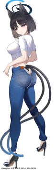 absurdres animal_ears ass black_eyes black_hair black_shoes blue_archive blue_halo blue_pants breasts cat_ears cat_girl cat_tail cropped_shirt denim from_behind halo high_heels highres jeans kikyou_(blue_archive) kurochomo large_breasts looking_at_viewer looking_back multiple_tails pants shirt shoes short_hair short_sleeves tail twitter_username two_tails white_shirt zipper