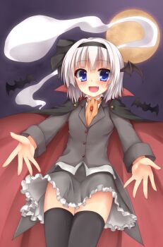 Rule 34 | 1girl, alternate costume, ascot, bat (animal), bat wings, black thighhighs, blue eyes, blush, cape, fang, female focus, full moon, hairband, halloween, halloween costume, head wings, highres, hitodama, jacket, konpaku youmu, konpaku youmu (ghost), long sleeves, looking at viewer, lowell (ouranoss2kanata), moon, night, open mouth, outstretched arms, ribbon, shirt, short hair, silver hair, skirt, skirt set, sky, smile, solo, thighhighs, touhou, vampire costume, vest, wings, zettai ryouiki