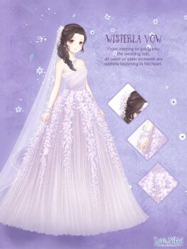 1girl artist_request bare_shoulders bracelet breasts bridal_veil bride brown_eyes brown_hair character_name cleavage close-up closed_mouth copyright_logo diamond_(shape) dot_nose dress dress_flower english_text eyelashes floral_background flower flower_bracelet forehead full_body grass hair_flower hair_ornament hair_over_shoulder happy jewelry leaf light_blush logo long_dress long_hair looking_at_viewer low_ponytail medium_breasts miracle_nikki necklace nikki_(series) official_art pleated_dress ponytail purple_background purple_dress purple_flower purple_theme purple_veil see-through_clothes see-through_veil smile solo strapless strapless_dress tareme third-party_source veil wedding_dress white_flower wisteria wisteria_vow_(miracle_nikki)