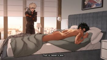 2boys aftersex aged_up all_might apartment ass ass_focus back bakugou_katsuki bare_back bare_legs bed bed_sheet bedroom black_gloves black_hair black_pants blonde_hair boku_no_hero_academia bones_(company) building butt_crack city clothed_male_nude_male completely_nude curly_hair curtains embarrassed english_text flirting gloves green_hair huge_ass indoors lamp legs looking_at_another lying male_focus marvel marvel meme midoriya_izuku morning multiple_boys muscular muscular_male nude on_bed on_stomach open_mouth pants pillow red_eyes reference room scar scar_on_arm scar_on_face scar_on_hand sex shapooda short_hair shounen_jump shy sky skyscraper smile smirk spiked_hair spine standing subtitled superhero_costume teeth that's_america's_ass under_covers window yaoi