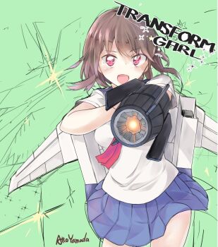 1girl absurdres attoyamada blue_skirt brown_hair hair_ornament hairclip haru_(henkei_shoujo) henkei_shoujo highres holding holding_weapon neckerchief pink_eyes red_eyes red_neckerchief sailor_collar school_uniform serafuku short_hair short_sleeves skirt weapon