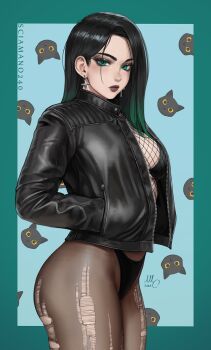 1girl april_(sciamano240) black_hair black_jacket black_panties border breasts cat closed_mouth cowboy_shot cross cross_earrings earrings fishnet_top fishnets goth_fashion gradient_hair green_border green_eyes green_hair hand_in_pocket highres jacket jewelry large_breasts leather leather_jacket long_hair multicolored_hair original panties pantyhose purple_lips sciamano240 torn_clothes torn_pantyhose underwear