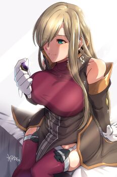 1girl arm_support bare_shoulders bed_sheet blue_eyes breasts brown_dress brown_hair brown_sleeves closed_mouth clothes_pull commentary_request detached_sleeves dress dress_pull feet_out_of_frame garter_straps gem glint gloves hair_over_one_eye heattech_leotard highres holding holding_jewelry holding_necklace holding_pendant jewelry large_breasts leotard leotard_under_clothes long_hair necklace purple_gem purple_leotard purple_thighhighs sidelocks signature sitting sleeveless sleeveless_dress smile solo tales_of_(series) tales_of_the_abyss tear_grants thighhighs turtleneck wakachi white_background white_gloves