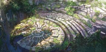 architecture dappled_sunlight day highres mesoamerican_architecture no_humans original painting_(medium) sanegesan scenery shadow stairs stone_floor sunlight traditional_media