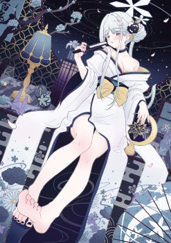 1girl absurdres alternate_costume alternate_hairstyle bare_shoulders black_choker black_flower black_nails blue_archive bow breasts choker cleavage colored_eyelashes desk_lamp earrings feet flower folding_fan full_body furisode grey_eyes hair_flower hair_ornament halo hand_fan highres holding holding_fan japanese_clothes jewelry kimono lamp lampshade large_bow large_breasts looking_at_viewer nagusa_(blue_archive) nail_polish obi off_shoulder okobo origami paper_crane parted_lips plant platform_sandals potted_plant ring_of_light_(blue_archive) sandals sash single_bare_foot sitting sitting_on_object snowflake_hair_ornament snowflake_halo soles solo sxrxri_a toenail_polish toenails toes updo white_eyelashes white_flower white_hair white_halo white_kimono yellow_bow