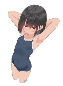 1girl armpits artist_name bare_shoulders black_hair blunt_bangs blush closed_mouth collarbone competition_school_swimsuit cropped_legs dated dot_mouth embarrassed flat_chest from_above grey_eyes loli looking_at_viewer nose_blush one-piece_swimsuit original presenting_armpit retsumaru school_swimsuit short_hair signature simple_background single_sidelock solo swimsuit thighs white_background