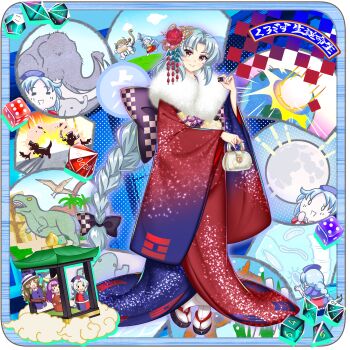 3girls alternate_costume bacteria bag black_bow bow brown_hair character_doll chasing circlet cleaver closed_mouth dice dinosaur doll explosion flower furisode game_cg gradient_clothes gradient_kimono grey_hair hair_bow hair_flower hair_ornament handbag highres holding holding_bag japanese_clothes kanzashi kimono kokeshi long_hair long_sleeves looking_at_viewer mammoth monkey_girl monkey_tail moon multiple_girls multiple_views official_art pterosaur purple_kimono red_kimono rotte_(1109) sakata_nemuno sandals smile socks solo_focus son_biten tabi tail third-party_source touhou touhou_lostword translation_request transparent_background tsumami_kanzashi tyrannosaurus_rex very_long_hair watatsuki_no_toyohime watatsuki_no_yorihime white_socks wide_sleeves yagokoro_eirin yellow_eyes