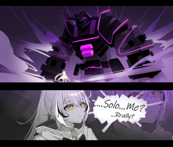 1girl boss_fight brown_capelet brown_cloak brown_eyes capelet cloak comic english_text enigmatic_recollection feather_hair_ornament feathers hair_ornament hairclip highres hololive hololive_english long_hair multicolored_hair nanashi_mumei nanashi_mumei_(1st_costume) onecolo133 partially_colored ponytail ribbon shirt silhouette streaked_hair typo very_long_hair virtual_youtuber white_shirt