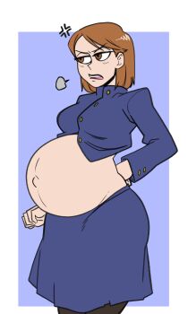 1girl annoyed blue_shirt blue_skirt brown_eyes brown_hair commission commissioner_upload highres jujutsu_kaisen kugisaki_nobara midriff mrrattlebones navel pregnant rattle-bones school_uniform shirt short_hair skirt solo stomach_bulge tomboy