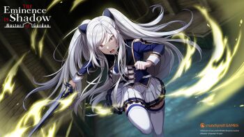 Rule 34 | 1girl, alexia midgar, blue bow, blue jacket, blue necktie, bow, commentary, copyright name, crunchyroll, english commentary, floating hair, frilled skirt, frills, grey hair, hair bow, highres, holding, holding sword, holding weapon, jacket, kage no jitsuryokusha ni naritakute!, kage no jitsuryokusha ni naritakute! master of garden, long hair, long sleeves, looking at viewer, midgar academy school uniform, miniskirt, necktie, official alternate costume, official art, open clothes, open jacket, open mouth, pleated skirt, red eyes, running, school uniform, shirt, skirt, solo, swept bangs, sword, thighhighs, twintails, v-shaped eyebrows, very long hair, weapon, white shirt, white skirt, white thighhighs, zettai ryouiki