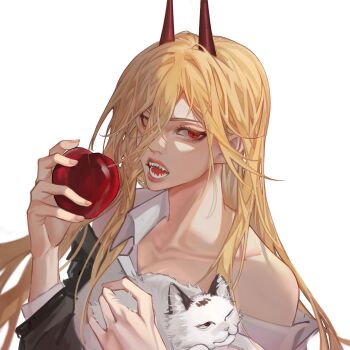 1girl animal apple black_jacket blonde_hair cat chainsaw_man collarbone collared_shirt commentary food fruit hair_between_eyes highres holding holding_animal holding_cat holding_food holding_fruit horns jacket long_bangs long_hair long_sleeves open_mouth power_(chainsaw_man) red_eyes red_horns sharp_teeth shirt simple_background single_off_shoulder teeth upper_body white_background white_cat white_shirt yaesakura908