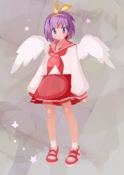 1girl angel_wings blue_eyes grey_background hair_ribbon highres hiiragi_tsukasa lucky_star pleated_skirt purple_hair red_sailor_collar red_shoes red_skirt ribbon ryouou_school_uniform sailor_collar school_uniform serafuku shirt shoes short_hair skirt socks star_(symbol) tobi_mari white_shirt white_socks wings yellow_ribbon