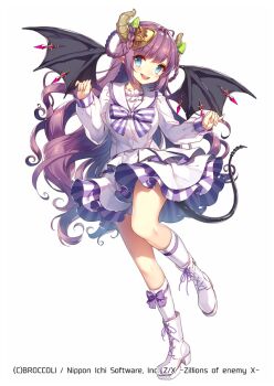 Rule 34 | 1girl, blue eyes, bow, bow legwear, braid, braided hair rings, brown horns, copyright notice, demon girl, demon horns, demon tail, demon wings, frilled skirt, frills, green bow, hair bow, hair ornament, hair rings, horns, long hair, looking at viewer, masaru.jp, official art, open mouth, purple bow, purple hair, shirt, shoes, skirt, socks, solo, standing, standing on one leg, tail, teeth, ugly (z/x), upper teeth only, white background, white shirt, white shoes, white skirt, white socks, wings, z/x