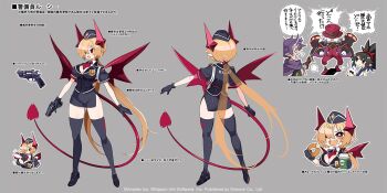 2girls ass back badge black_hair black_shoes black_thighhighs blonde_hair breasts bright_pupils cleavage clothes_writing coffee copyright_notice cup demon_girl demon_horns demon_tail demon_wings disgaea disgaea_rpg disposable_coffee_cup disposable_cup donut drinking_straw fang food full_body grey_background gun handgun harada_takehito hat holding holding_cup holding_donut holding_food horns large_breasts loafers long_hair long_tail low_ponytail lucy_(disgaea) mao_(disgaea) multiple_girls multiple_views necktie non-web_source official_art open_mouth outline outstretched_arm photoshop_(medium) pointy_ears ponytail purple_hair red_eyes red_horns red_necktie red_tail red_wings reference_sheet shoes short_necktie short_sleeves simple_background solo_focus tail text_focus thighhighs top_hat translation_request turnaround upper_body very_long_hair weapon white_hair white_outline wings