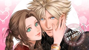1boy 1girl aerith_gainsborough armor black_shirt blonde_hair blue_eyes border braid braided_ponytail brown_hair closed_mouth cloud_strife commission couple final_fantasy final_fantasy_vii final_fantasy_vii_remake gold_bangle green_eyes hair_between_eyes hair_ribbon hand_on_another's_cheek hand_on_another's_face hetero highres jacket long_hair parted_bangs pauldrons pink_border pink_ribbon red_jacket ribbon shirt short_hair shoulder_armor sidelocks silver_bangle single_braid single_pauldron smile spiked_hair suspenders upper_body white_background xtatchax