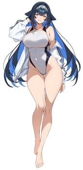 Rule 34 | 1girl, arm at side, bare legs, black hair, blue hair, breasts, colored inner hair, commentary request, competition swimsuit, covered navel, double vertical stripe, full body, hair between eyes, hand in own hair, highres, jacket, large breasts, long hair, long legs, long sleeves, looking at viewer, multicolored hair, one-piece swimsuit, original, shark girl, sharp teeth, sidelocks, smile, solo, swimsuit, takunomi, teeth, thighs, two-tone hair, white jacket, white one-piece swimsuit