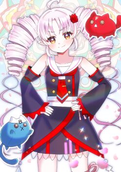 Rule 34 | >:), 1girl, ahoge, bare shoulders, black shirt, black skirt, black sleeves, brown eyes, button eyes, buttons, closed mouth, collarbone, commentary request, detached sleeves, drill hair, fang, fang out, grey hair, hands on own hips, kou hiyoyo, long sleeves, looking at viewer, sailor collar, shirt, skirt, sleeves past wrists, smile, standing, tsuina-chan, tsuina-chan (sv), twin drills, twintails, v-shaped eyebrows, voiceroid, white sailor collar, wide sleeves, x mouth