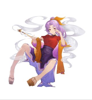 1girl alternate_costume breasts brown_sandals chinese_commentary closed_mouth commentary_request devilkillerx full_body geta hair_ribbon high-waist_skirt highres holding holding_smoking_pipe kiseru komakusa_sannyo long_hair looking_at_viewer medium_breasts ponytail purple_hair purple_skirt red_eyes red_shirt ribbon sandals shirt skirt smile smoke smoking_pipe solo touhou yellow_ribbon