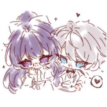 1boy 1girl blue_eyes blunt_bangs bow bowtie cake cake_slice chibi chibi_only chinese_commentary commentary_request couple dress food formal_clothes glasses hair_between_eyes hair_bow happy head_tilt heart high_ponytail highres holding holding_plate honkai_(series) honkai_impact_3rd kevin_kaslana light_smile long_hair looking_down mei_(honkai_impact) open_mouth partially_colored plate ponytail purple_eyes purple_hair shade shiregotoaka smile spoken_heart suit tuxedo upper_body white_background white_hair