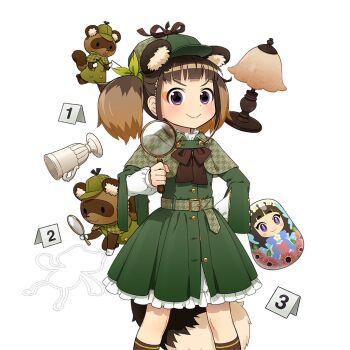 1girl animal_ears belt black_eyes black_socks bow bowtie brown_bow brown_bowtie brown_hair cape capelet coat_dress commentary_request detective dress fake_animal_ears green_belt green_capelet green_dress green_hat hat holding holding_magnifying_glass kneehighs magnifying_glass raccoon_ears raccoon_girl raccoon_tail short_hair smug socks tail tanuki tanuko twintails uchako uchi_no_hime-sama_ga_ichiban_kawaii