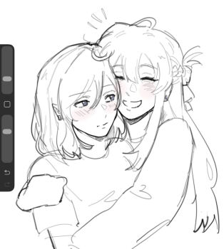 2girls art_program_in_frame blush braid closed_mouth commentary greyscale grin half_up_braid highres hug hug_from_behind long_hair medium_hair miyagi_shiori monochrome multiple_girls sendai_hazuki shuuniichido_classmate_wo_kau_hanashi smile upper_body yuri zyukiel