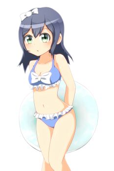 1girl arms_behind_back bikini blue_bikini blue_hair blush breasts buoy float green_eyes hair_between_eyes hair_ornament inazuma_eleven_(game) inazuma_eleven_(series) inazuma_eleven_go loli navel open_mouth ribbon shiny_skin simple_background small_breasts solo standing swimsuit white_background