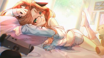 1girl absurdres alicja_da_lontano animal_ears binaural_microphone brown_hair closed_mouth commentary cow_ears cow_horns english_commentary eyelashes glasses green_eyes highres horns indie_virtual_youtuber lips long_sleeves microphone mole mole_under_eye navel second-party_source socks solo stuffed_animal stuffed_toy thiya_feather virtual_youtuber