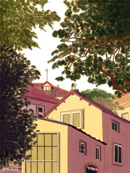 1girl barred_window black_hair blue_pants boots brown_boots building day jiemoxia looking_up on_roof original outdoors pants shirt sitting sky solo tile_roof tree very_wide_shot white_shirt window