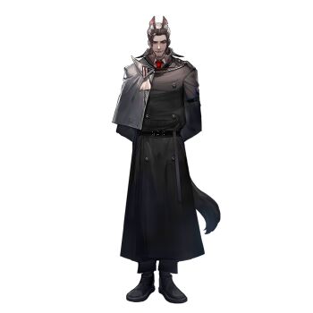 1boy animal_ear_fluff animal_ears arknights arms_behind_back belt black_belt buttons capelet closed_mouth cowlick czarny_(arknights) double-breasted evil_smile full_body grey_capelet hair_slicked_back high_collar horse_boy horse_ears horse_tail long_coat looking_at_viewer male_focus necktie official_art red_eyes red_necktie ryuuzaki_ichi shirt short_hair side_capelet smile solo standing straight-on tachi-e tail third-party_source transparent_background white_shirt